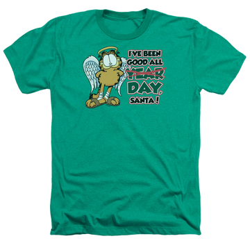 Kelly green men's heather t-shirt with Garfield Ive Been Good graphic