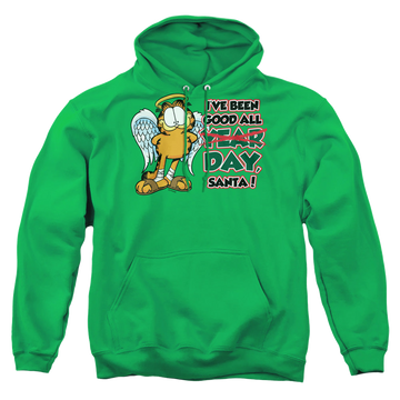 Kelly green pullover hoodie with Garfield Ive Been Good graphic
