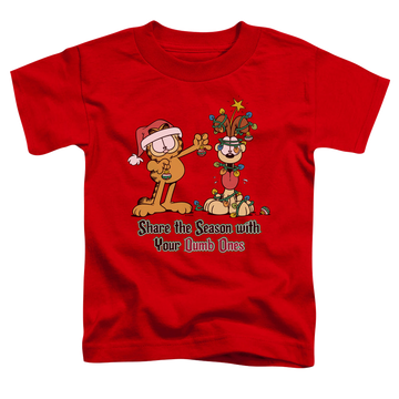 Red kid's t-shirt for ages 4 to 7 with Garfield Share The Season graphic