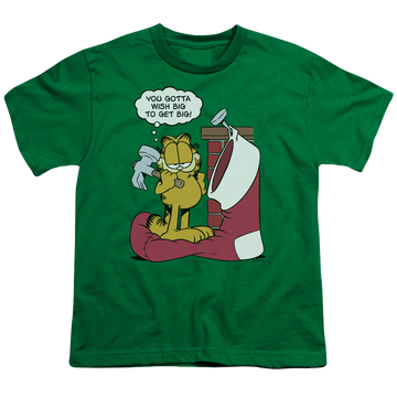 Kelly green youth t-shirt for ages 8 to 12 with Garfield Wish Big graphic