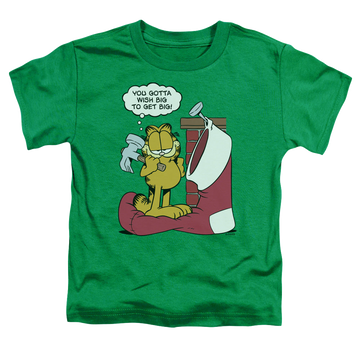 Kelly green kid's t-shirt for ages 4 to 7 with Garfield Wish Big graphic
