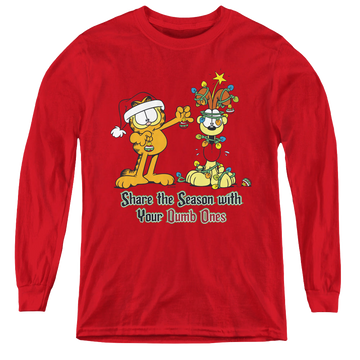 Red youth long sleeve t-shirt with Garfield Share The Season graphic