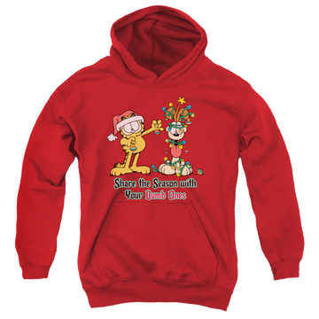 Red youth hoodie for ages 8 to 12 with Garfield Share The Season graphic