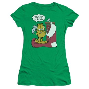 Kelly green juniors t-shirt with Garfield Wish Big graphic