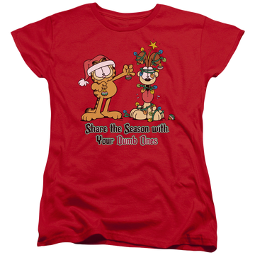 Red women's t-shirt with Garfield Share The Season graphic