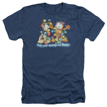 Navy men's heather t-shirt with Garfield Bright Holidays graphic