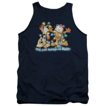 Navy men's tank with Garfield Bright Holidays graphic