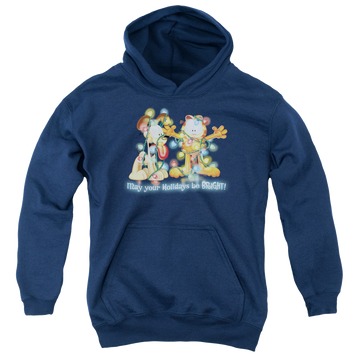Navy youth hoodie for ages 8 to 12 with Garfield Bright Holidays graphic