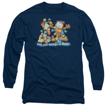 Navy men's long sleeve t-shirt with Garfield Bright Holidays graphic