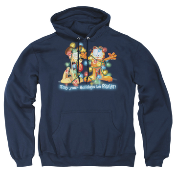 Navy pullover hoodie with Garfield Bright Holidays graphic
