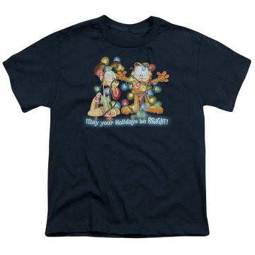 Navy youth t-shirt for ages 8 to 12 with Garfield Bright Holidays graphic