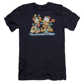 Navy men's premium slim fit t-shirt with Garfield Bright Holidays graphic