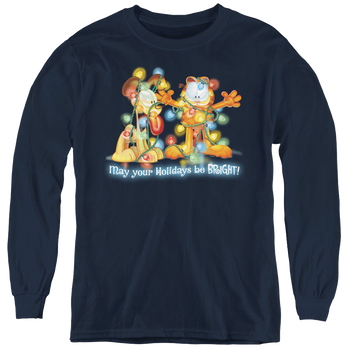 Navy youth long sleeve t-shirt with Garfield Bright Holidays graphic