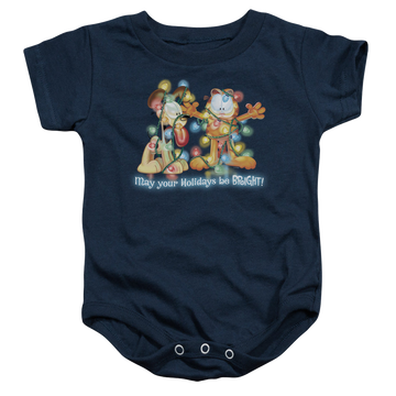 Navy baby bodysuit with Garfield Bright Holidays graphic