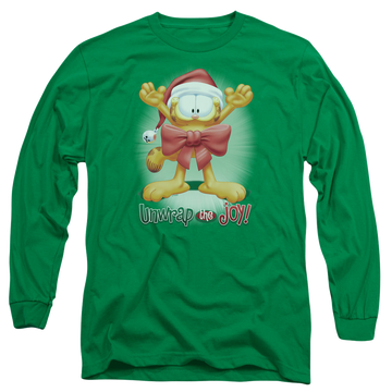 Kelly green men's long sleeve t-shirt with Garfield Unwrap The Joy! graphic