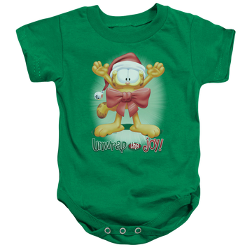 Kelly green baby bodysuit with Garfield Unwrap The Joy! graphic