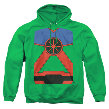 Kelly green pullover hoodie with Martian Manhunter Martian Mh graphic