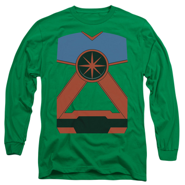 Kelly green men's long sleeve t-shirt with Martian Manhunter Martian Mh graphic