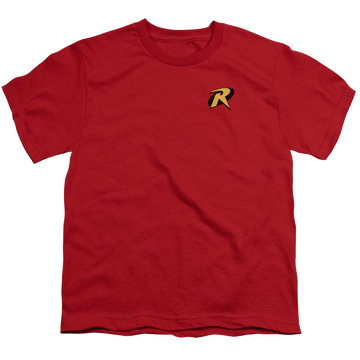 Red youth t-shirt for ages 8 to 12 with Batman Robin Logo graphic