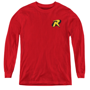 Red youth long sleeve t-shirt with Batman Robin Logo graphic
