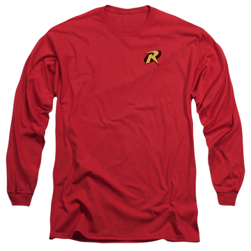 Red men's long sleeve t-shirt with Batman Robin Logo graphic