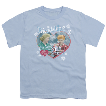 Light blue youth t-shirt for ages 8 to 12 with I Love Lucy The Best Present graphic