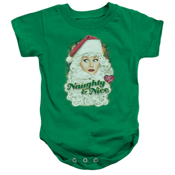 Kelly green baby bodysuit with I Love Lucy Santa graphic