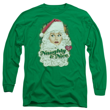 Kelly green men's long sleeve t-shirt with I Love Lucy Santa graphic