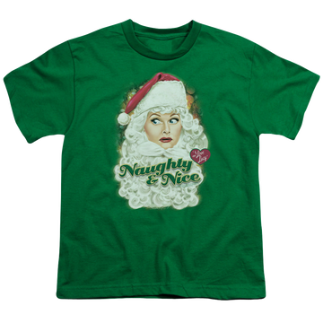 Kelly green youth t-shirt for ages 8 to 12 with I Love Lucy Santa graphic