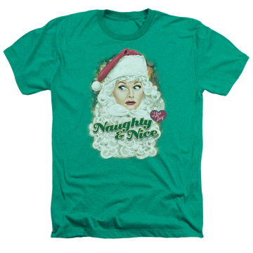 Kelly green men's heather t-shirt with I Love Lucy Santa graphic