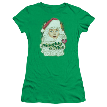 Kelly green juniors t-shirt with I Love Lucy Santa graphic