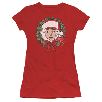 Red juniors t-shirt with I Love Lucy Wreath graphic