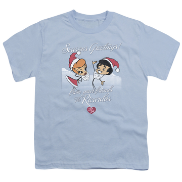 Light blue youth t-shirt for ages 8 to 12 with I Love Lucy Animated Christmas graphic