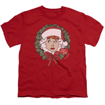 Red youth t-shirt for ages 8 to 12 with I Love Lucy Wreath graphic