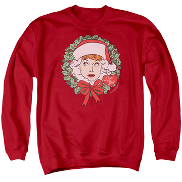 Red men's crewneck sweatshirt with I Love Lucy Wreath graphic