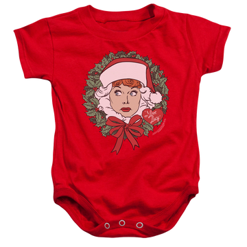Red baby bodysuit with I Love Lucy Wreath graphic