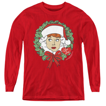 Red youth long sleeve t-shirt with I Love Lucy Wreath graphic