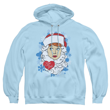 Light blue pullover hoodie with I Love Lucy Beard Flakes graphic