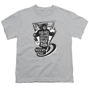 Silver youth t-shirt for ages 8 to 12 with The Twilight Zone Another Dimension graphic