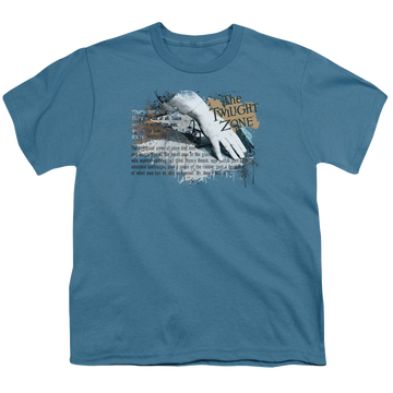 Slate youth t-shirt for ages 8 to 12 with The Twilight Zone Henry Bemis graphic