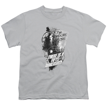 Silver youth t-shirt for ages 8 to 12 with The Twilight Zone Fifth Dimension graphic