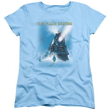 Light blue women's t-shirt with Polar Express Big Train graphic