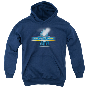 Navy youth hoodie for ages 8 to 12 with Polar Express Rain Logo graphic