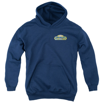 Navy youth hoodie for ages 8 to 12 with Polar Express Conductor graphic
