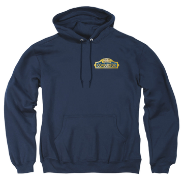 Navy pullover hoodie with Polar Express Conductor graphic