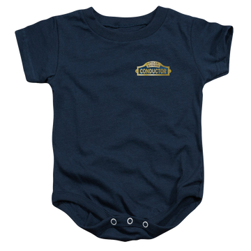 Navy baby bodysuit with Polar Express Conductor graphic