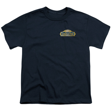 Navy youth t-shirt for ages 8 to 12 with Polar Express Conductor graphic
