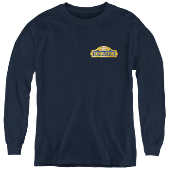 Navy youth long sleeve t-shirt with Polar Express Conductor graphic