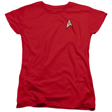 Red women's t-shirt with Star Trek The Original Series Engineering Uniform graphic