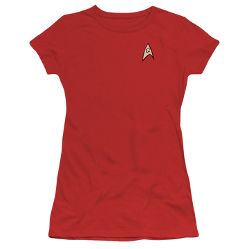 Red juniors t-shirt with Star Trek The Original Series Engineering Uniform graphic